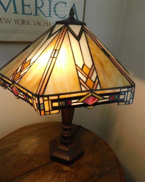 Elegant Metal Base And Post Lamp With Square Tiffany Style Shade