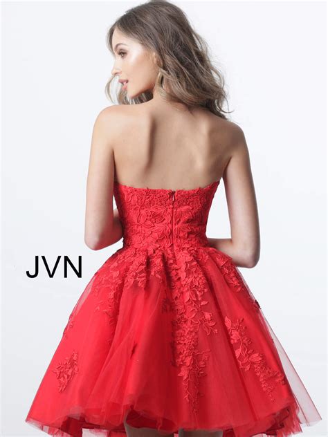 1830 Red Fit And Flare Strapless Lace Homecoming Dress Jovani