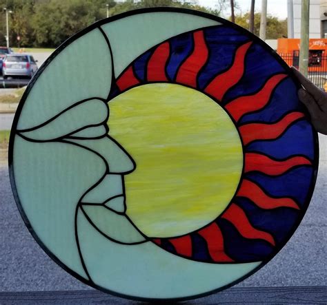 P Sun Moon Stained Glass Hanging Panel Etsy