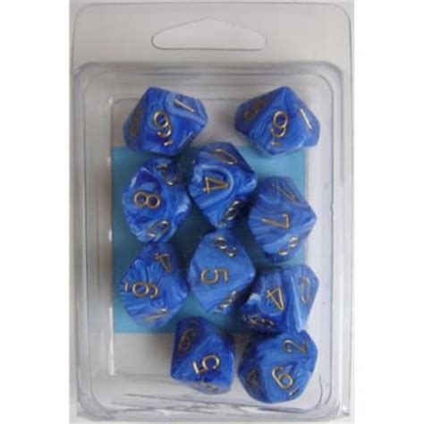 Chessex Manufacturing 27236 D10 Clamshell Set Of 10 Dice Vortex Blue With Gold Numbering 10