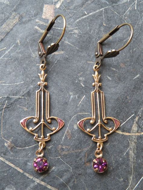 Art Nouveau Deco Mica Amethyst Purple Swarovski Crystal Antique Gold