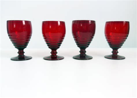 Vintage Set 4 Red Depression Glass Low Water Goblets Penny Line Ruby By Paden City 4 Dark