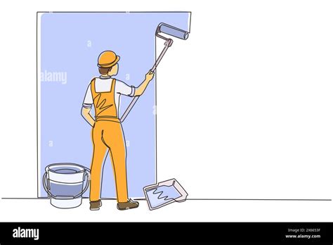 Single One Line Drawing Man Painting Wall With Roller Vector Concept