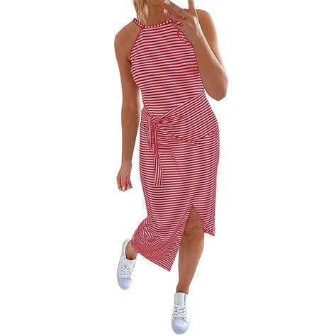 Dr Eam Women Summer Casual Dress Neck Sleeveless Dress Striped Midi