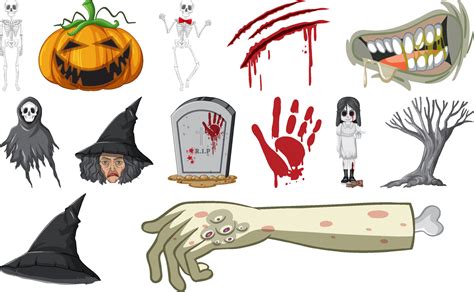 conjunto de objetos de terror de halloween y personajes de dibujos ...