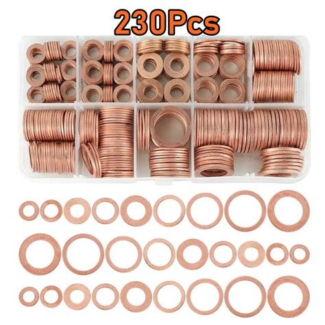 230Pcs Copper Washer Gasket Cooper Washer Set Flat Ring Seal Kit