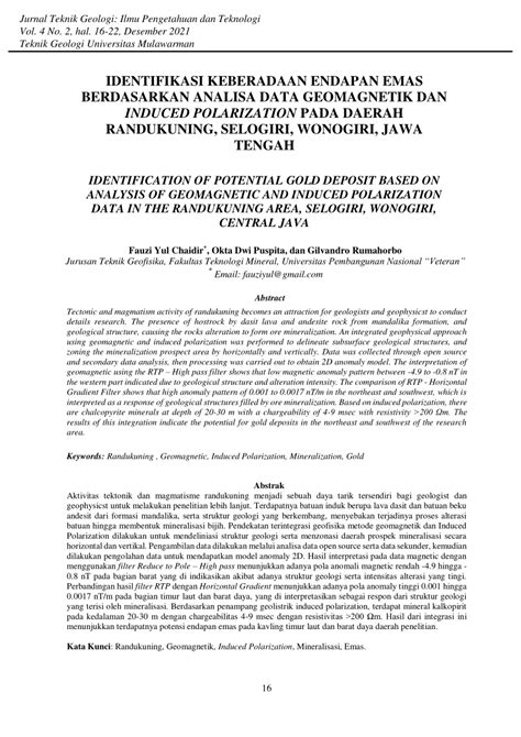 PDF Identifikasi Keberadaan Endapan Emas Berdasarkan Analisa Data