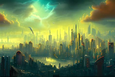 Ai Generated Illustration Of A Dystopian City Skyline Under A Misty