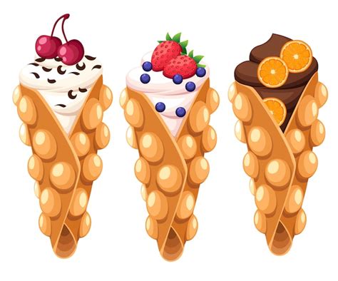 Bubble Waffles With Cream And Toppings Free Vector