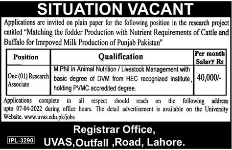 UVAS Lahore Research Associate Jobs 2022 2023 Job Advertisement Pakistan