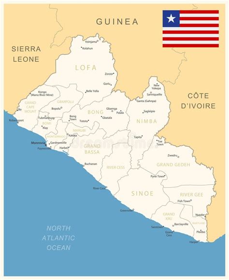 Mapa Detallado De Liberia Con Divisiones Administrativas Y Bandera Del