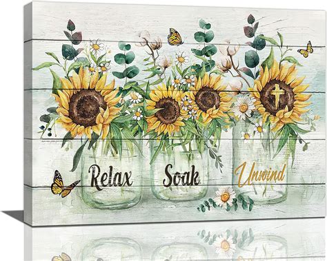 Farmhouse Sunflower Bathroom Decor Wall Art Rustic Flower Butterfly