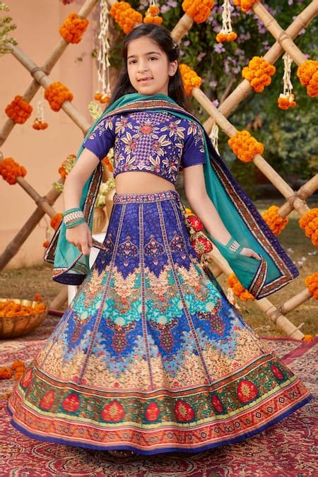 Buy Blue Raw Silk Embroidered Floral Mehvish Mughal Pattern Lehenga Set For Girls By Kalista