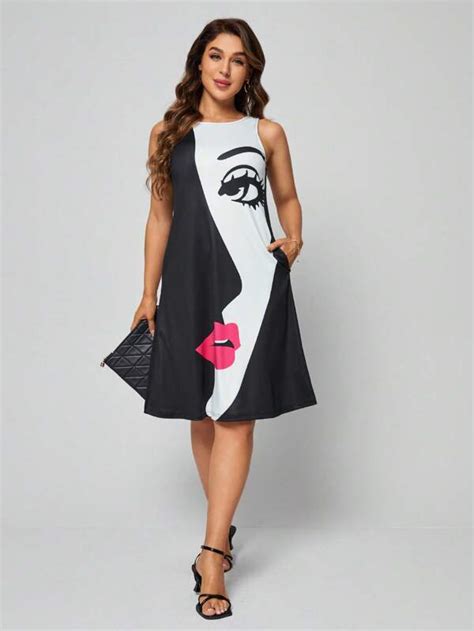 Shein Clasi Vestido Con Estampado De Figura Con Bolsillo Oculto Moda