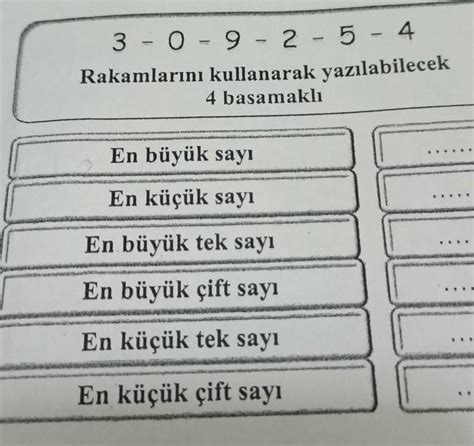 3 0 9 2 5 4 Rakamlarını kullanarak yazılabilecek 4 basamaklı En büyük