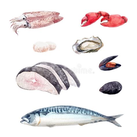 Grupo Do Alimento De Mar Da Aquarela Ilustra O Stock Ilustra O De