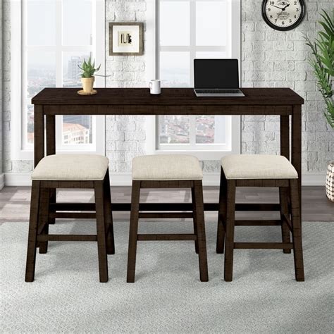 4 Pieces Counter Height Table With Fabric Padded Stools Rustic Bar