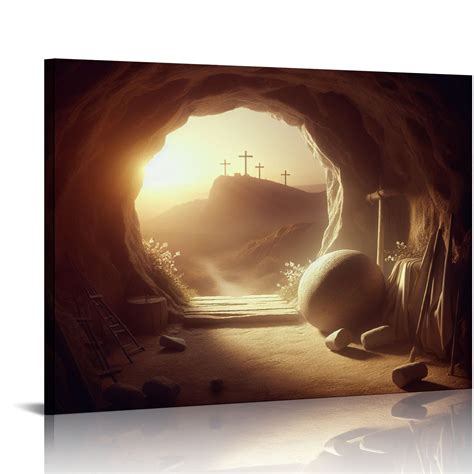 JEUXUS Christianity Canvas Wall Art Crucifixion At Sunrise Empty Tomb