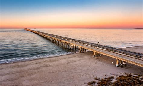 Aerial Panorama Of Chesapeake Bay Bridge Tunnel At Sunset Stock Image