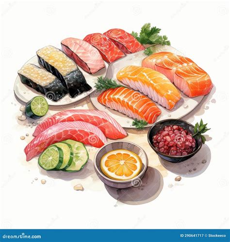 Colorful Watercolor Illustration Of Assorted Seafood Sushi Stock Image