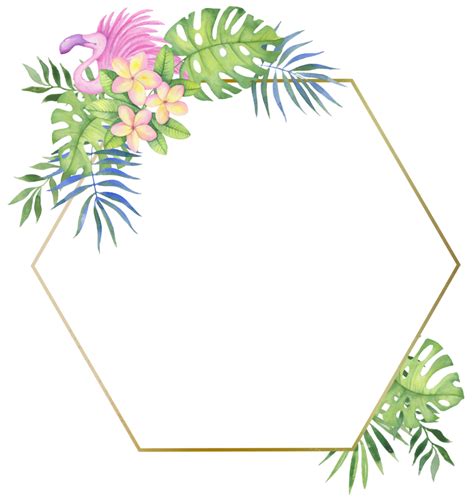 Golden Frame With Tropical Flowers And Leaves Watercolor Illustration