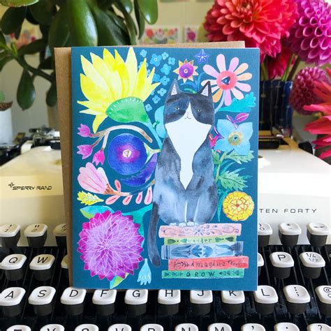 Tuxedo Cat Sitting On Books Greeting Card Honeyberry Studios