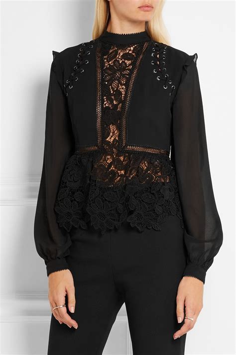 Self Portrait Lace Up Georgette And Guipure Lace Blouse Net A