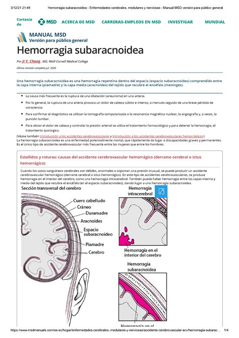 Hemorragia Subaracnoidea Enfermedades Cerebrales Medulares Y