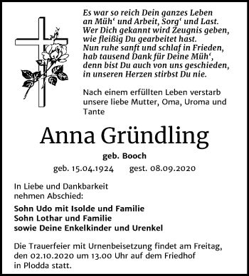 Traueranzeigen Von Anna Gr Ndling Abschied Nehmen De