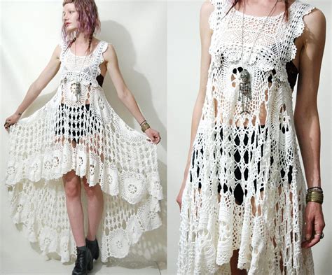 Crochet Dress Vintage Lace White Fishtail Train Bohemian