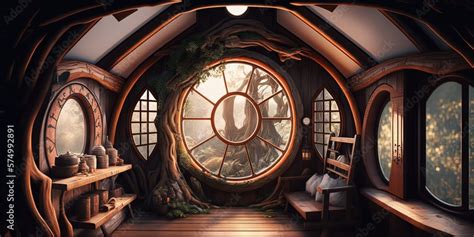 The Interior Of A Hobbit House Located Inside A Wooden Hut In The