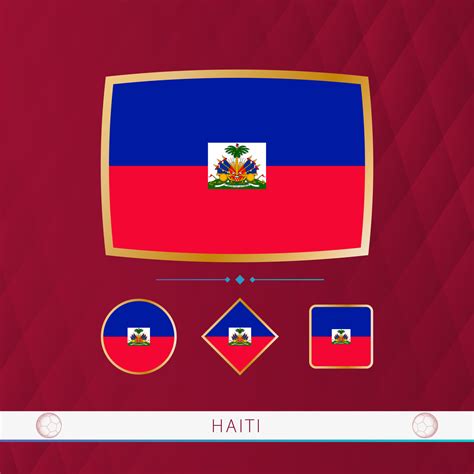 Set of Haiti flags with gold frame for use at sporting events on a burgundy abstract background ...