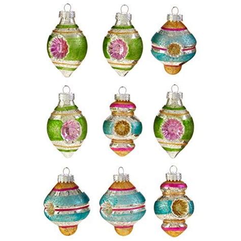 Raz Imports Vintage Finial Reflector Glass Christmas Ornaments Assorted Boxed Set Of 9