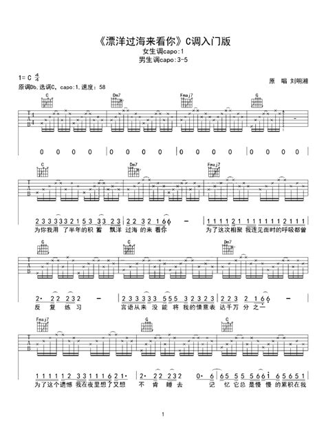 刘明湘《漂洋过海来看你》吉他谱c调吉他弹唱谱入门版 打谱啦