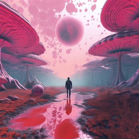 A Man Walks In A Rain Forest With A Pink And Purple Planet Premium Ai