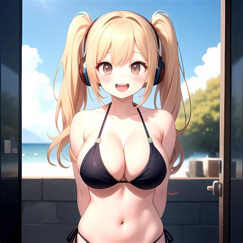 Super Pochaco 1girl Arms Behind Back Bare Shoulders Bikini Blonde Hair