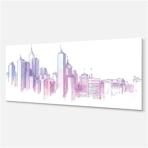 an abstract cityscape with buildings painted on it's side, in pink and purple