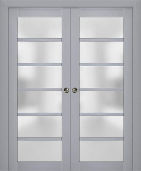 Sliding French Double Pocket Doors 84 X 80 Inches Veregio 7602 Matte Grey With Frosted Glass