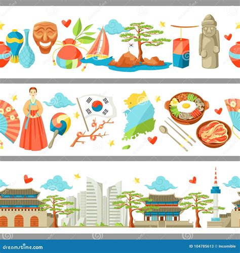 South Korea Seamless Borders. Korean Traditional Symbols and Objects