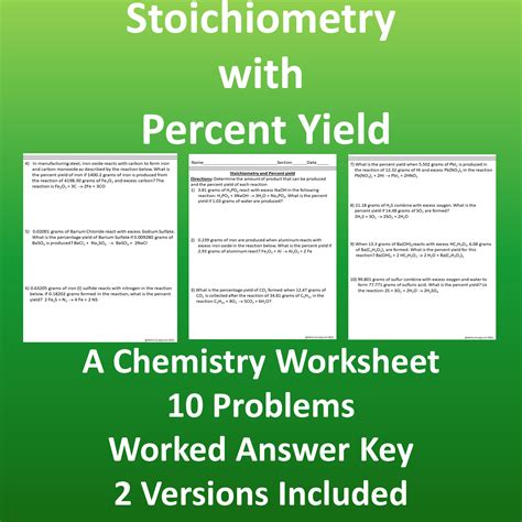 Percent Yield Stoichiometry Chemistry Worksheet Problems With