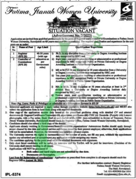 Fjwu Jobs Rawalpindi Fatima Jinnah Women University Sikho Janoo