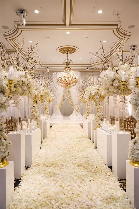 White And Gold Ballroom Wedding Ceremony White Flower Petals