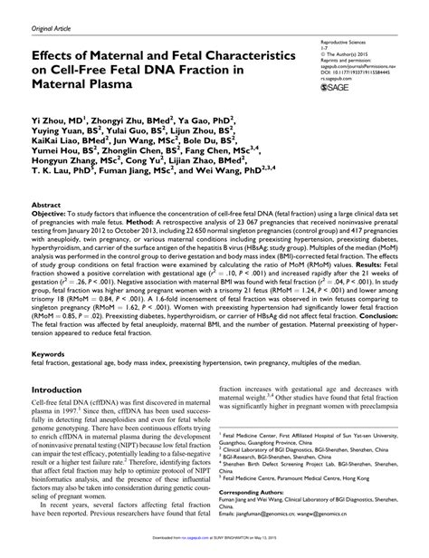 Pdf Effects Of Maternal And Fetal Characteristics On Cell Free Fetal