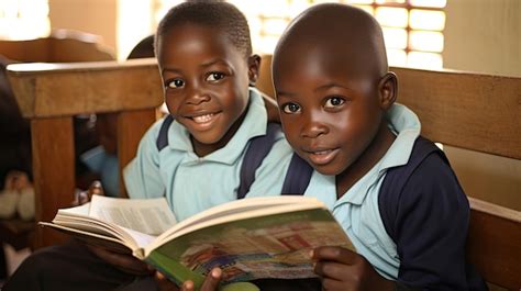 Niños leyendo libros juntos sentados Imagen Premium generada con IA