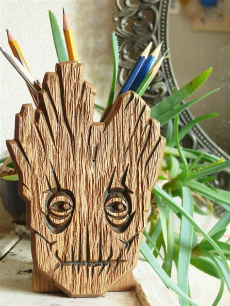 Wooden Groot Pen Holder Groot Holder Carved Groot Holder Stand Desk