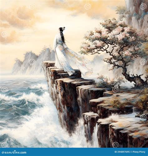 A Painting of a Beautiful Anime Girl Standing on a Cliff with a ...