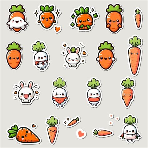 Cute Carrot Kawaii Sticker Set Premium Ai Generated Vector