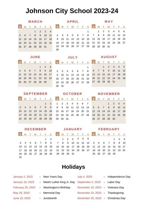 Johnson City Schools Calendar [JCS] 2023-24 with Holidays