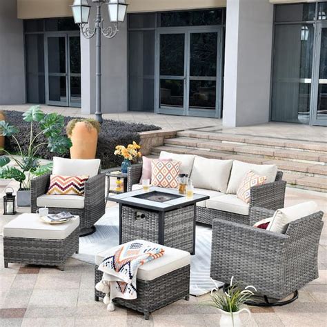 Ovios Positano Gray Piece Wicker Patio Fire Pit Conversation Set With