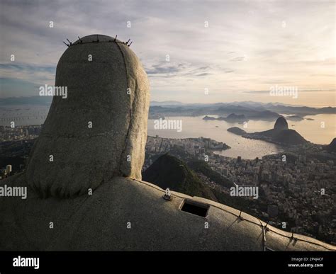 Beautiful sunrise drone view to Christ the Redeemer statue Stock Photo ...